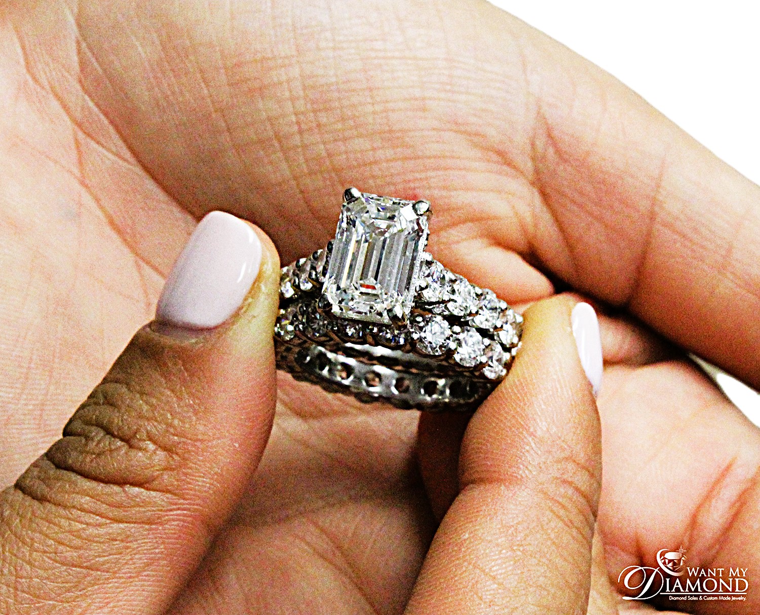 Emerald Cut Bridal Set with Round Side Stones